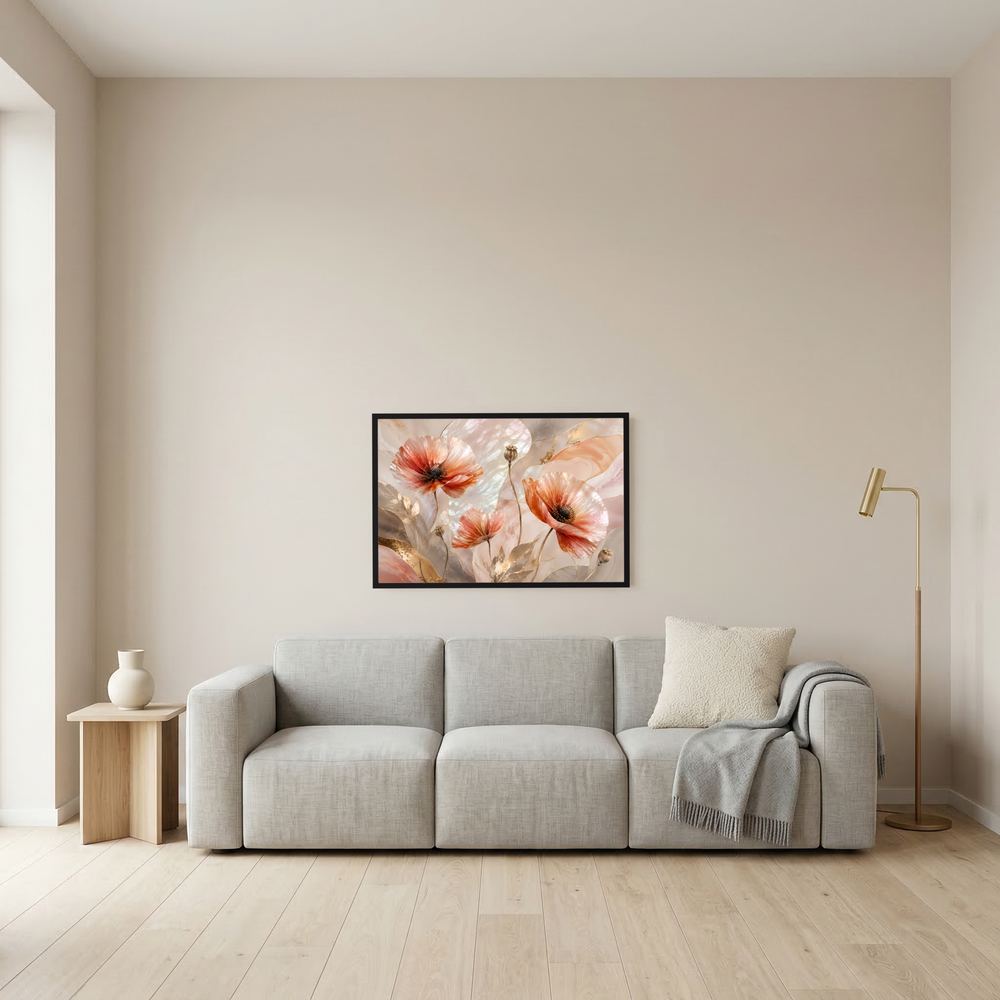 Wandbild im Querformat: gerahmtes Mohnblumen-Poster in Pastell, rosé und perlmutt