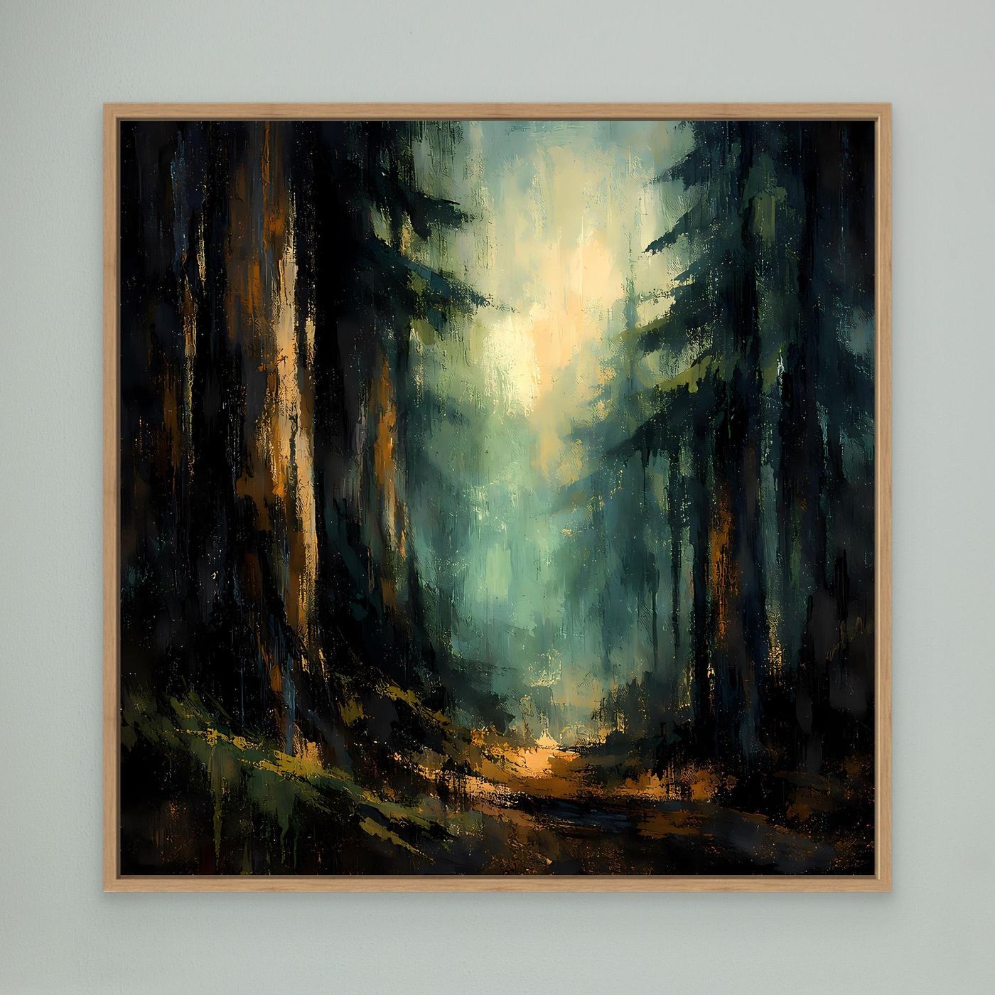 Abstraktes Leinwand-Wandbild: Tannenwald im Licht, Grün-Gelb und Braun, Eichenrahmen
