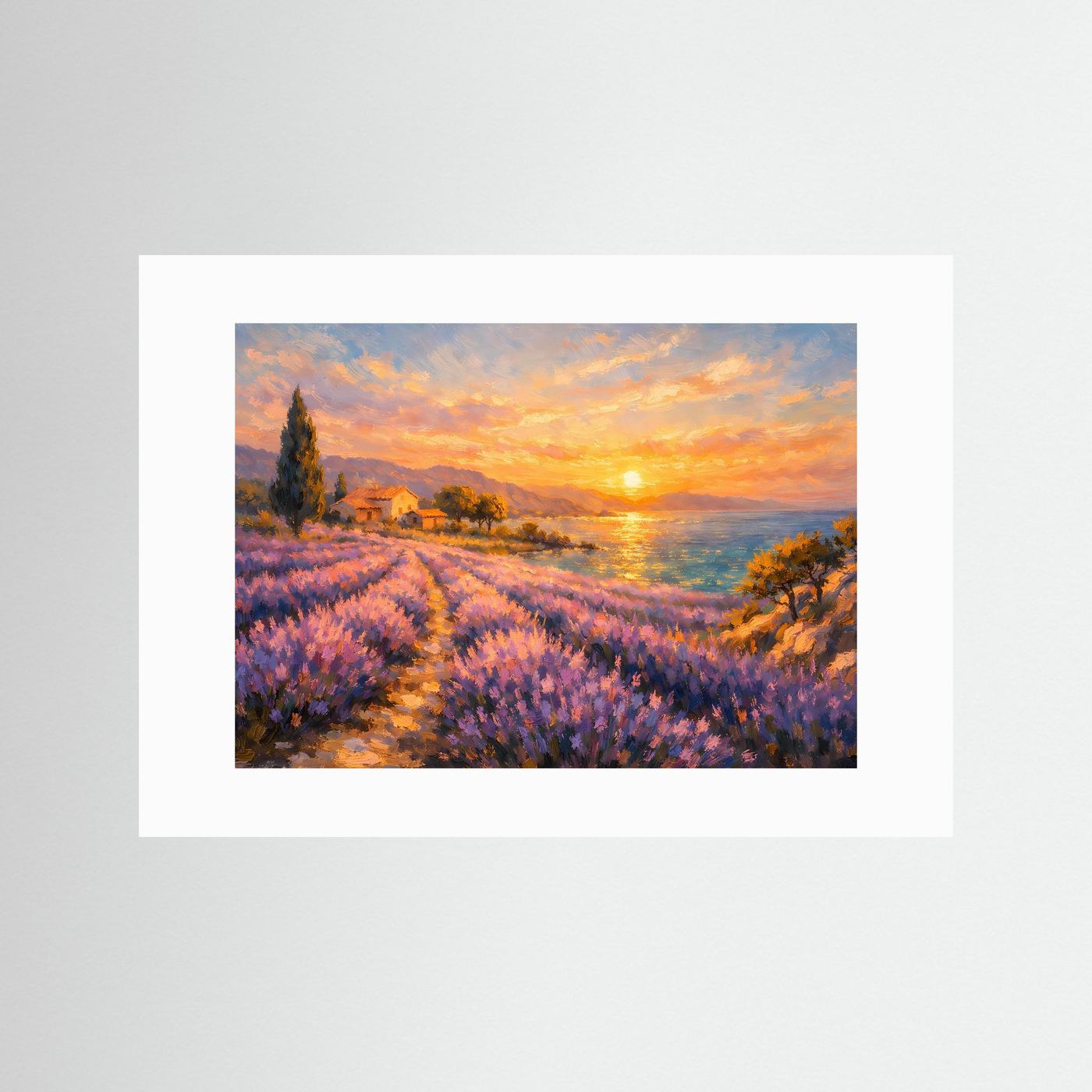 Malerisches Lavendelfeld am Meer bei Sonnenuntergang | Provence Landschaft Wandbild & Kunst Poster Querformat