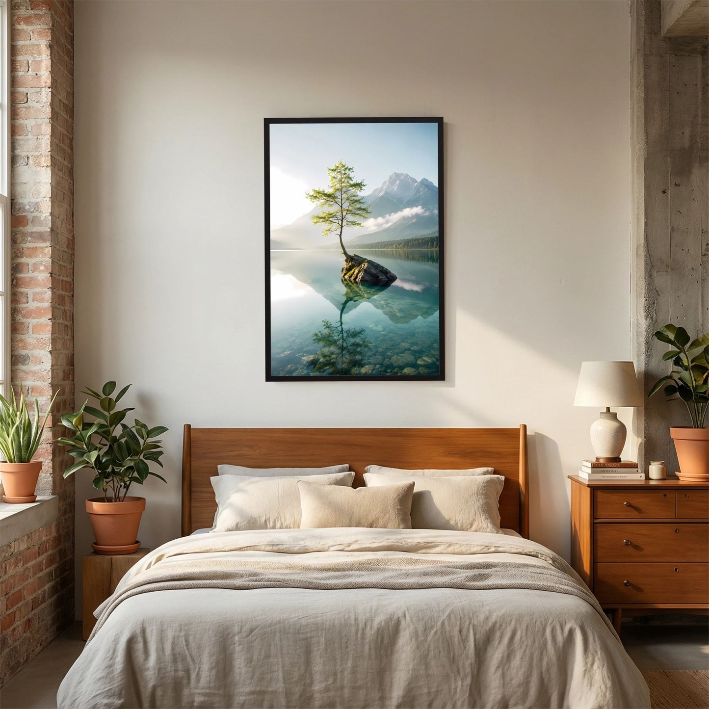 Baum im Bergsee | Stille Berglandschaft mit Spiegelung | Poster Hochformat