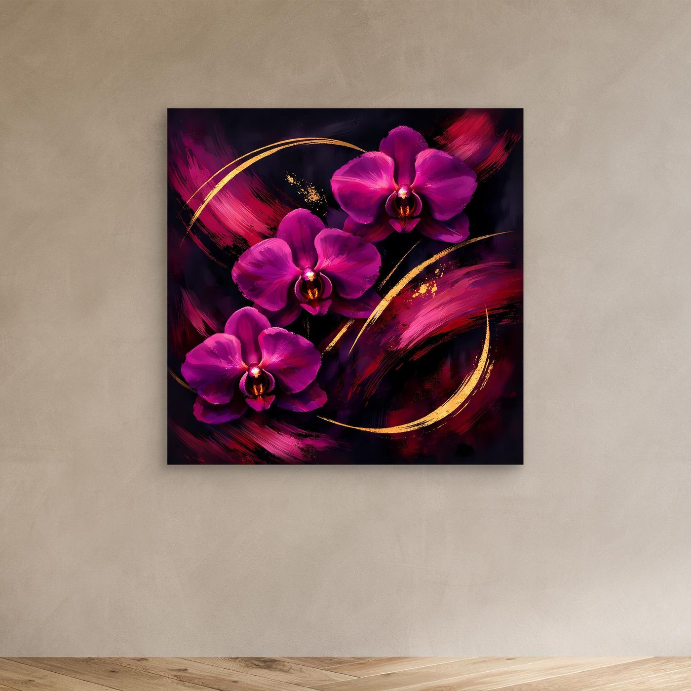 Leinwandbild mit magenta Orchideen und goldenen Bögen, dunkler Rand
