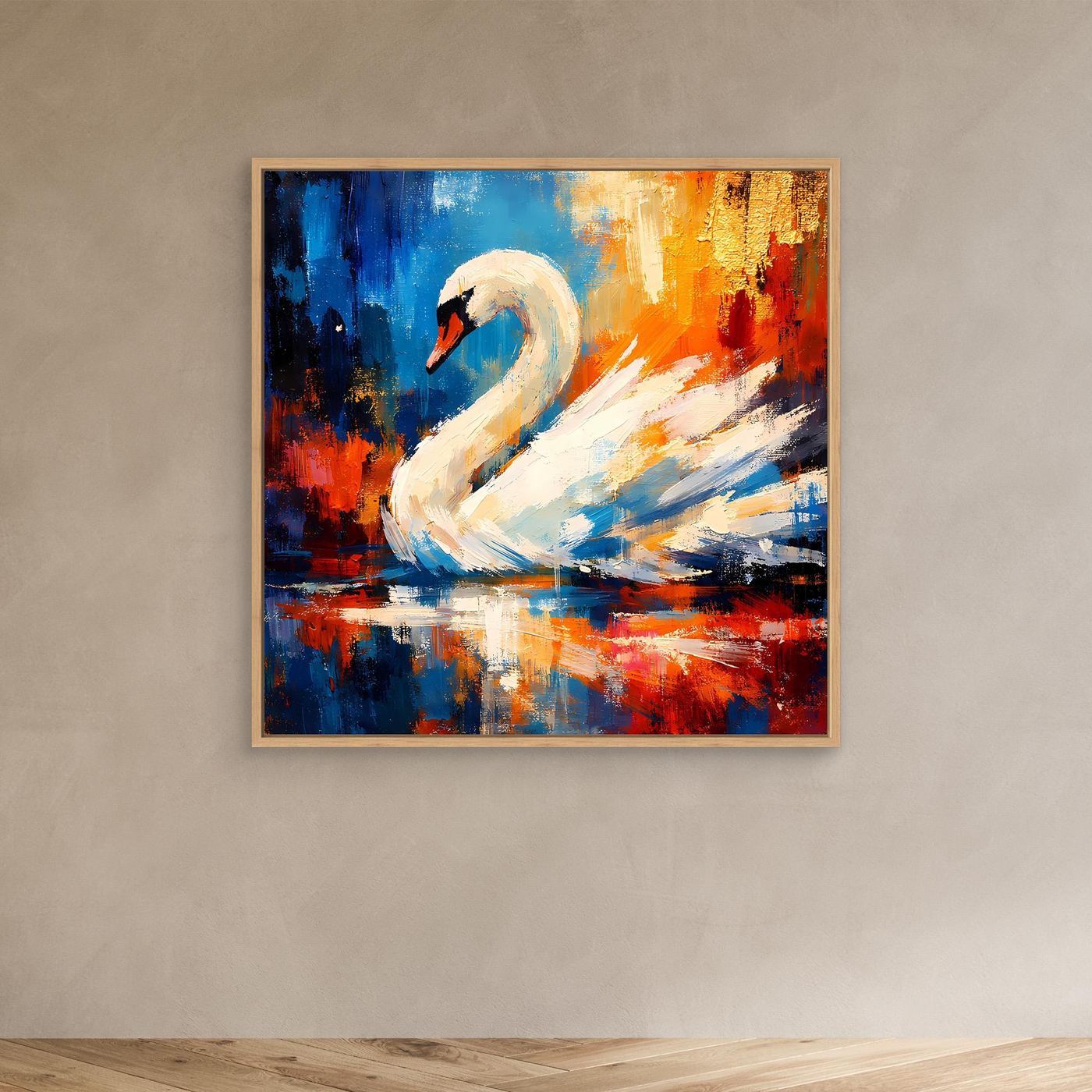 Leinwandbild mit weißem Schwan, abstraktes Farbspiel, Eichenrahmen