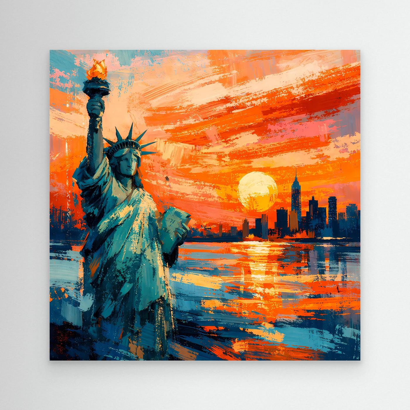 Leinwand-Wandbild mit Freiheitsstatue, blaugrün, vor orange-rotem Himmel und gelber Sonne