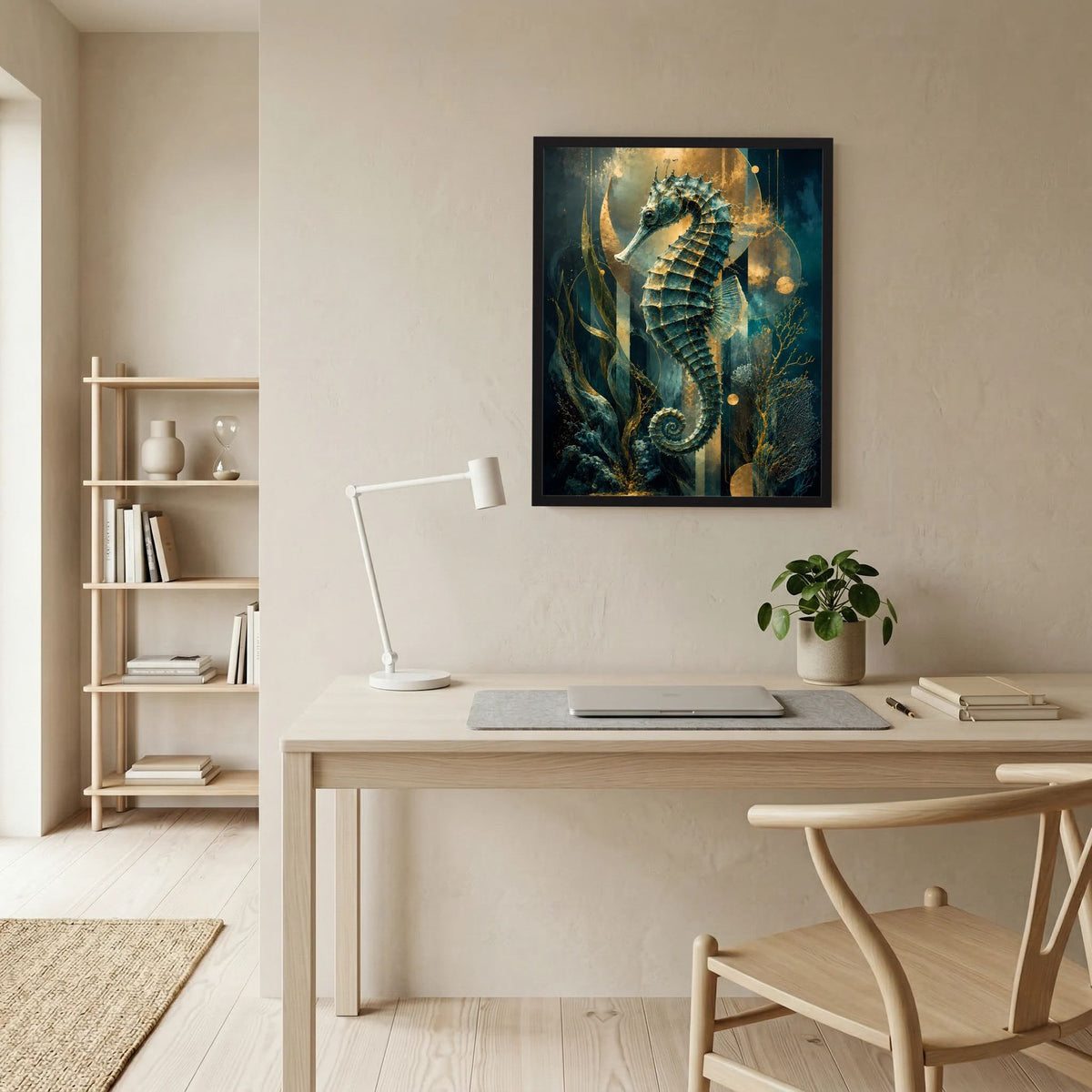 Gerahmtes Hochformat-Poster mit Seepferdchen in Petrol und Gold, stilisierte Unterwasserwelt