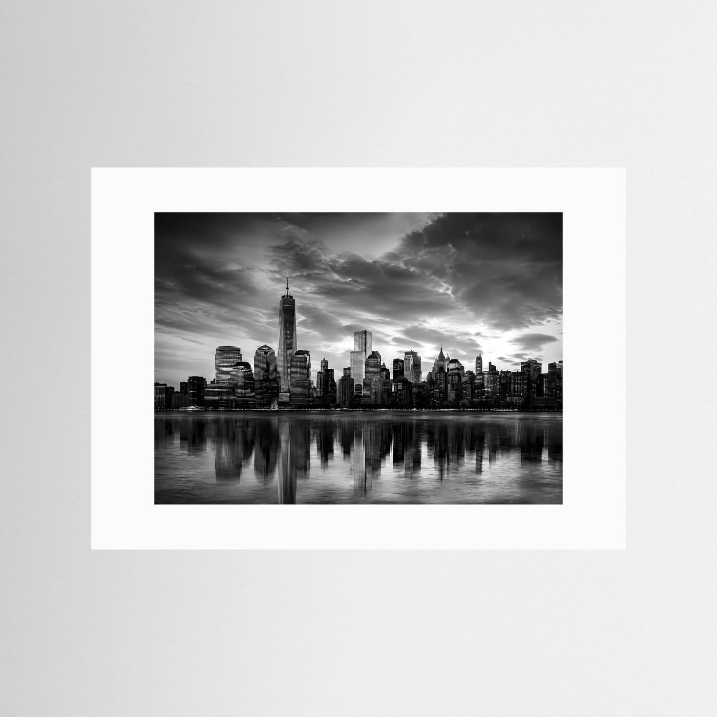 Schwarzweiß-Stadtpanorama als Poster mit Skyline und Spiegelung, mit weißem Passepartout