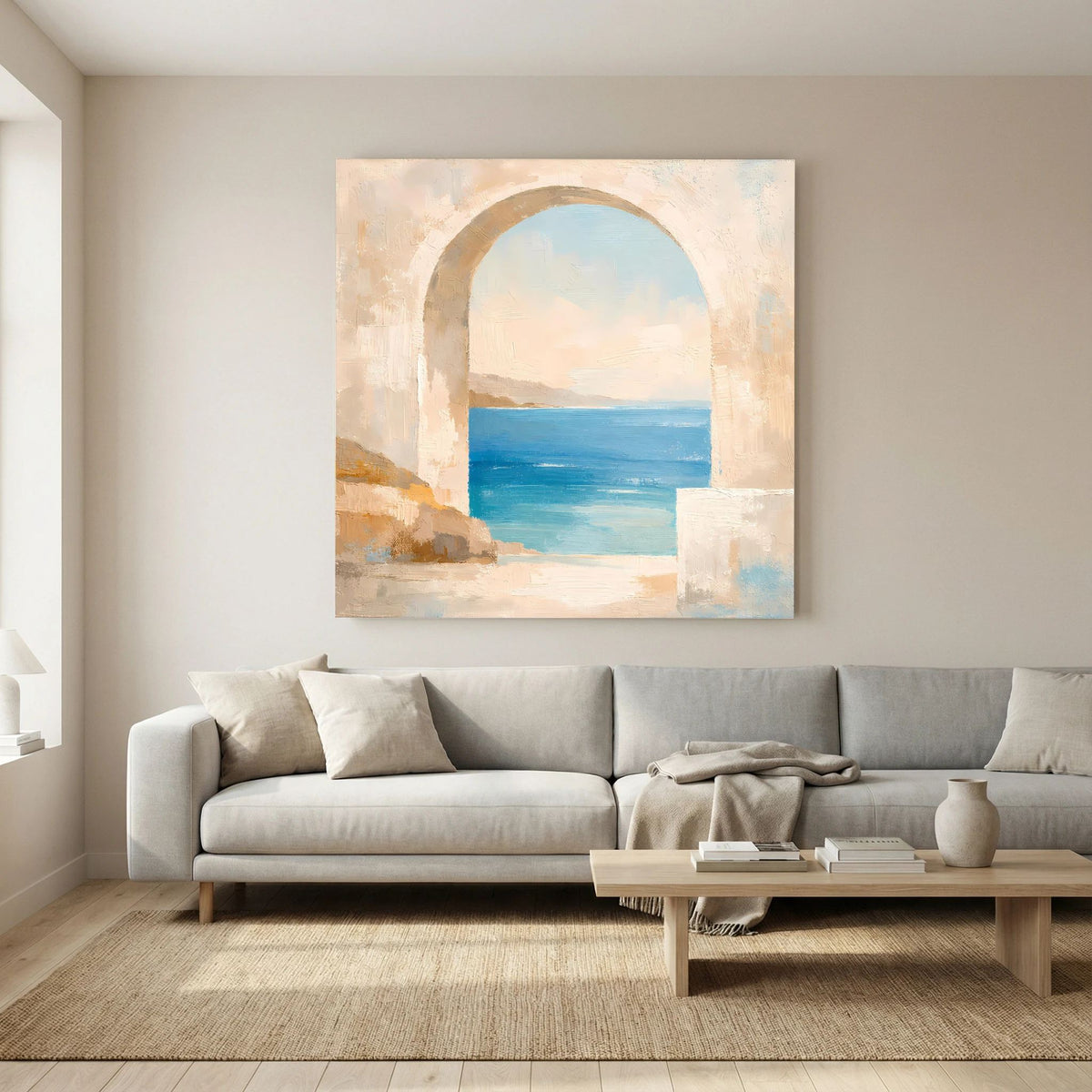 Abstraktes Torbogen-Leinwandbild mit Meerblick und pastelligen Himmelstufen