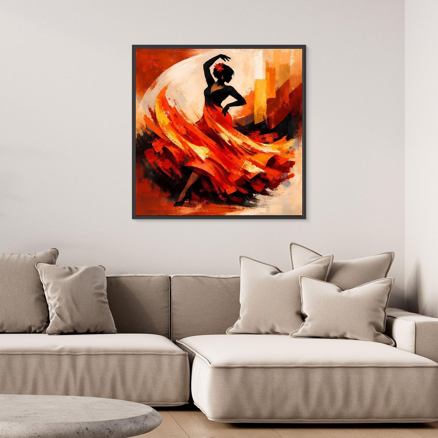 Gerahmtes Leinwand-Wandbild mit Flamenco-Tänzerin in Schwarz und leuchtenden Feuerfarben