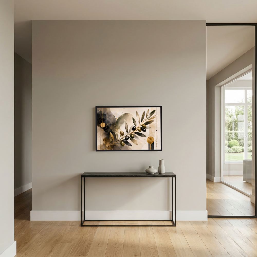 Wandposter mit schwarzem Rahmen, Olivenzweige in Schwarz und Gold, Querformat