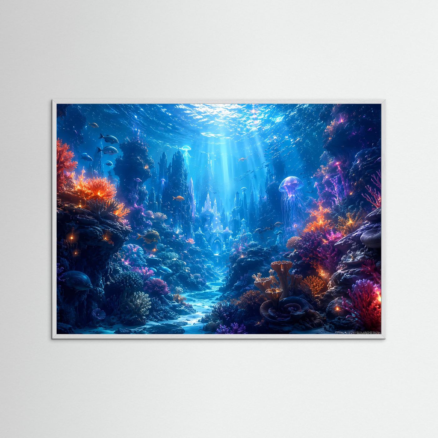 Magische Unterwasserwelt im Korallenriff | Modernes Ozean & Meeresleuchten Poster im Querformat