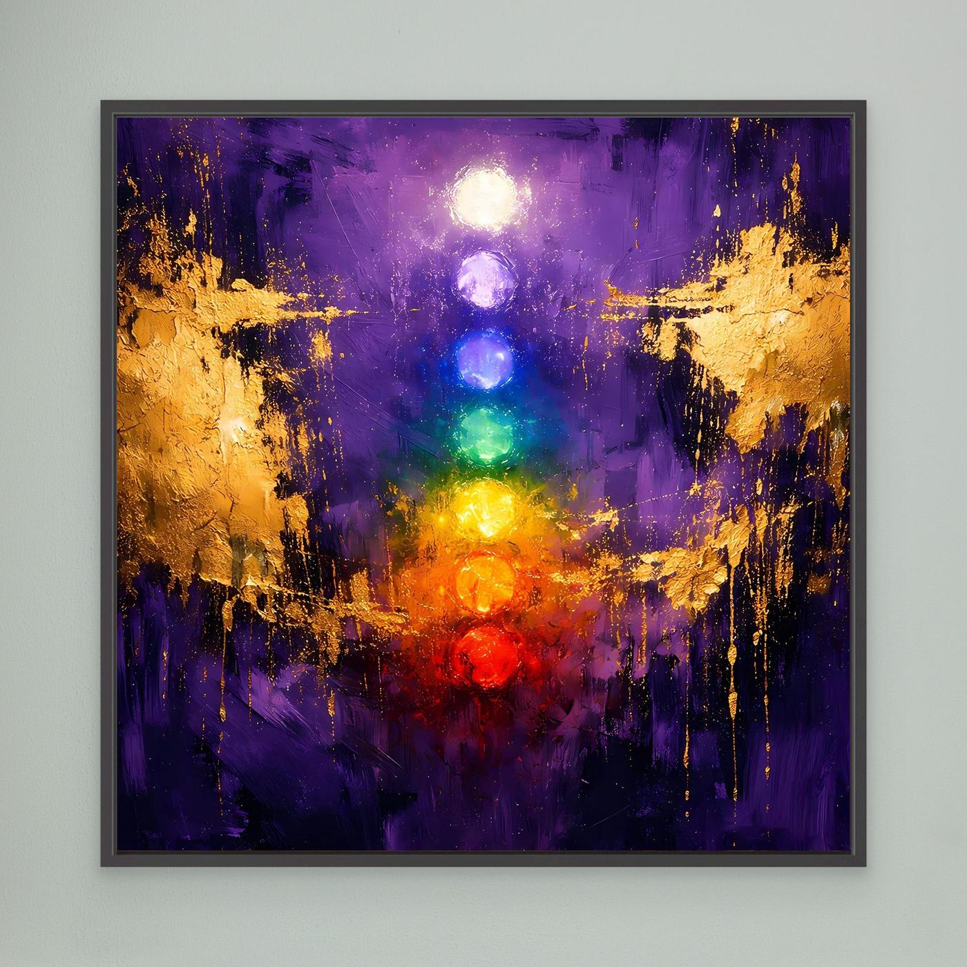 Leinwand Sieben Chakren auf tiefem Violett | Modernes Spirituelles Yoga Wandbild