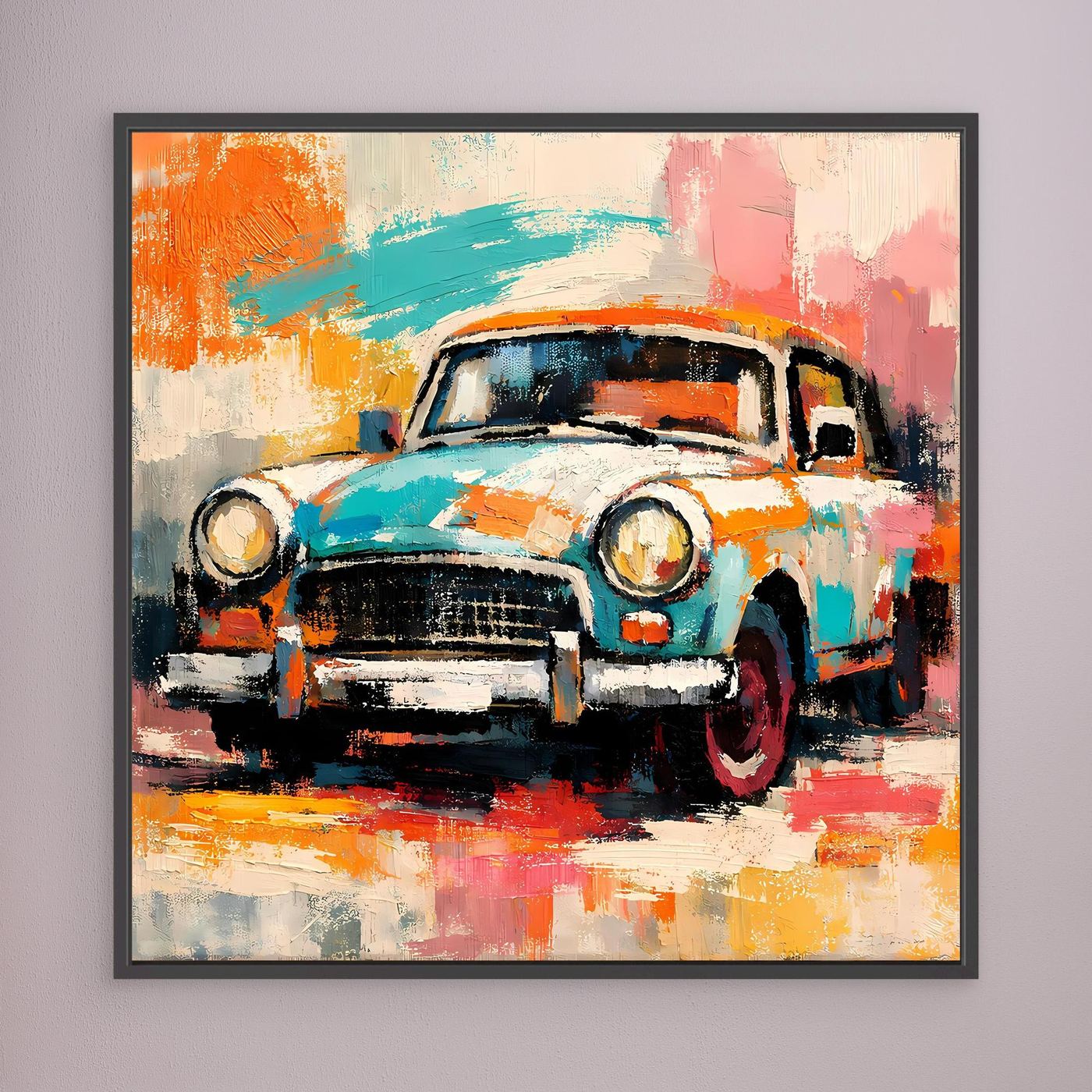 Abstract vintage car wall art in black frame, teal orange pink brushstrokes