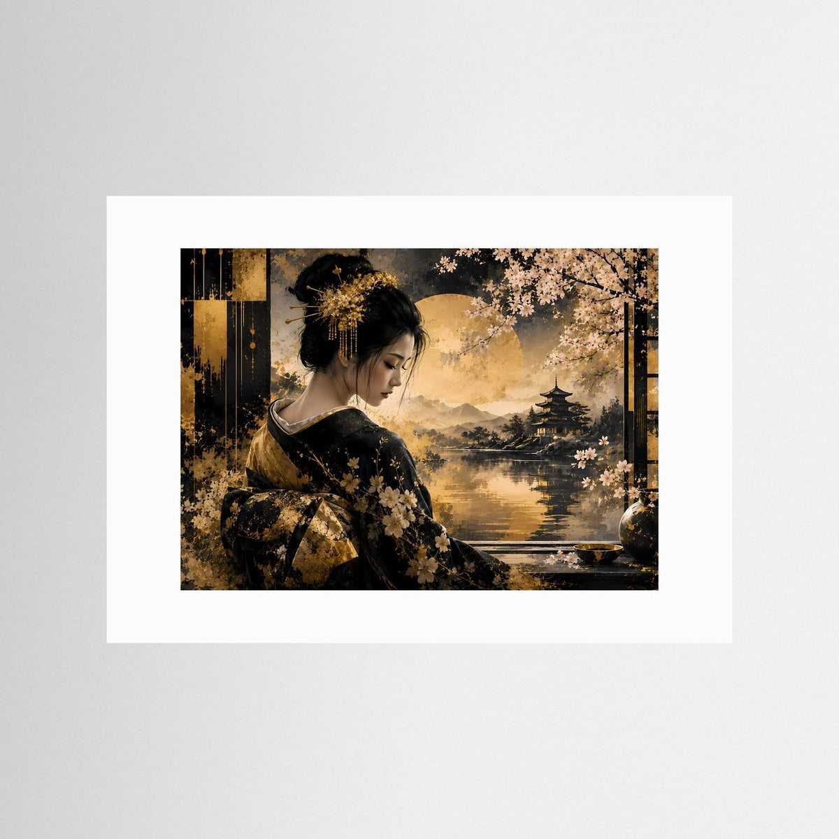Querformat-Wandbild: Geisha im schwarzen Kimono mit Kirschblüten, mit weißem Passepartout