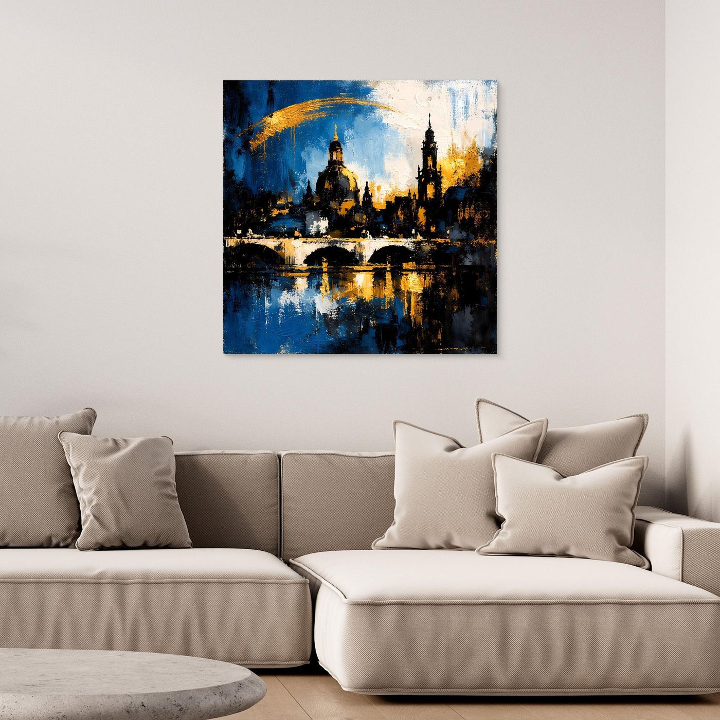 Leinwand-Wandbild mit abstrakter Skyline, blau und goldfarben, ohne erkennbaren Rahmen.