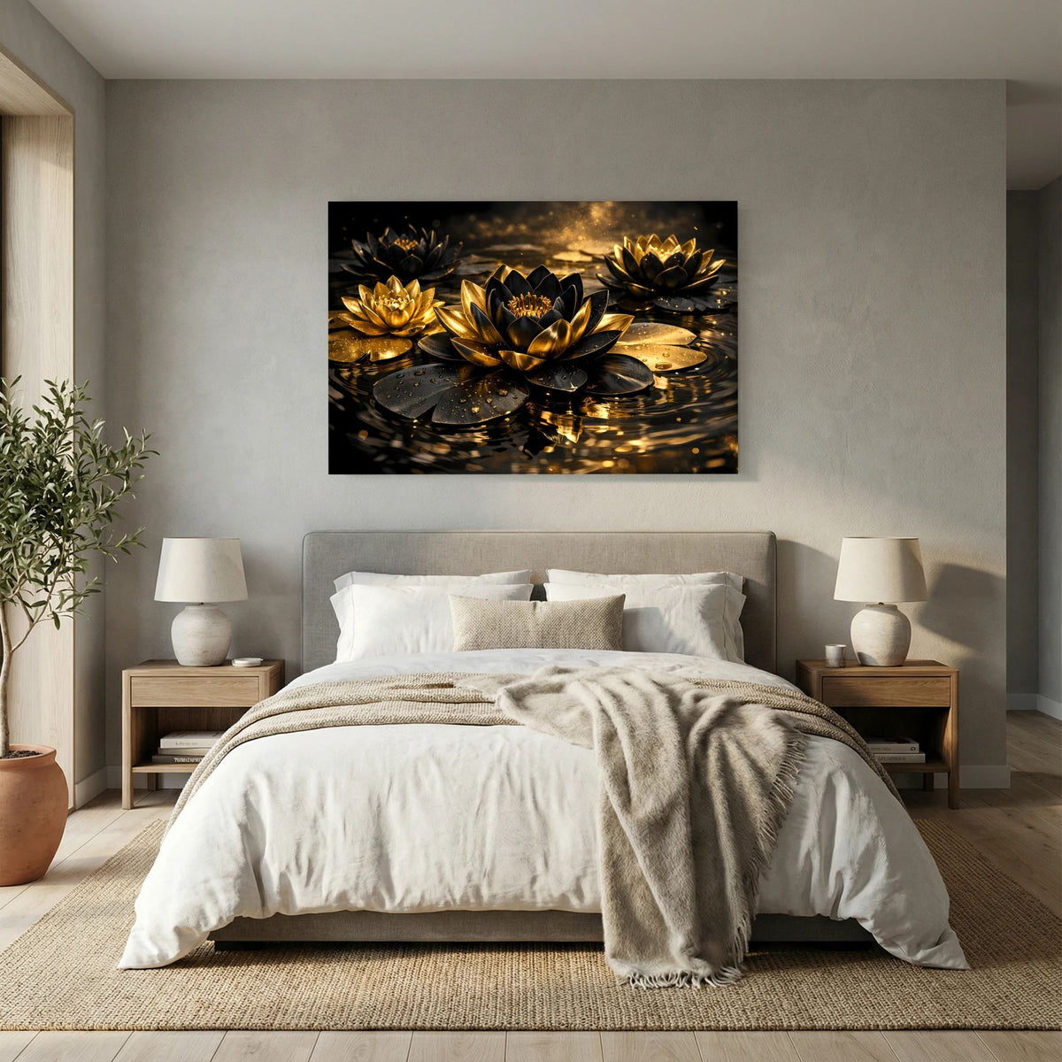 Wandbild im Querformat mit goldenen Lotusblüten und Wasserreflexion über schwarzem Grund