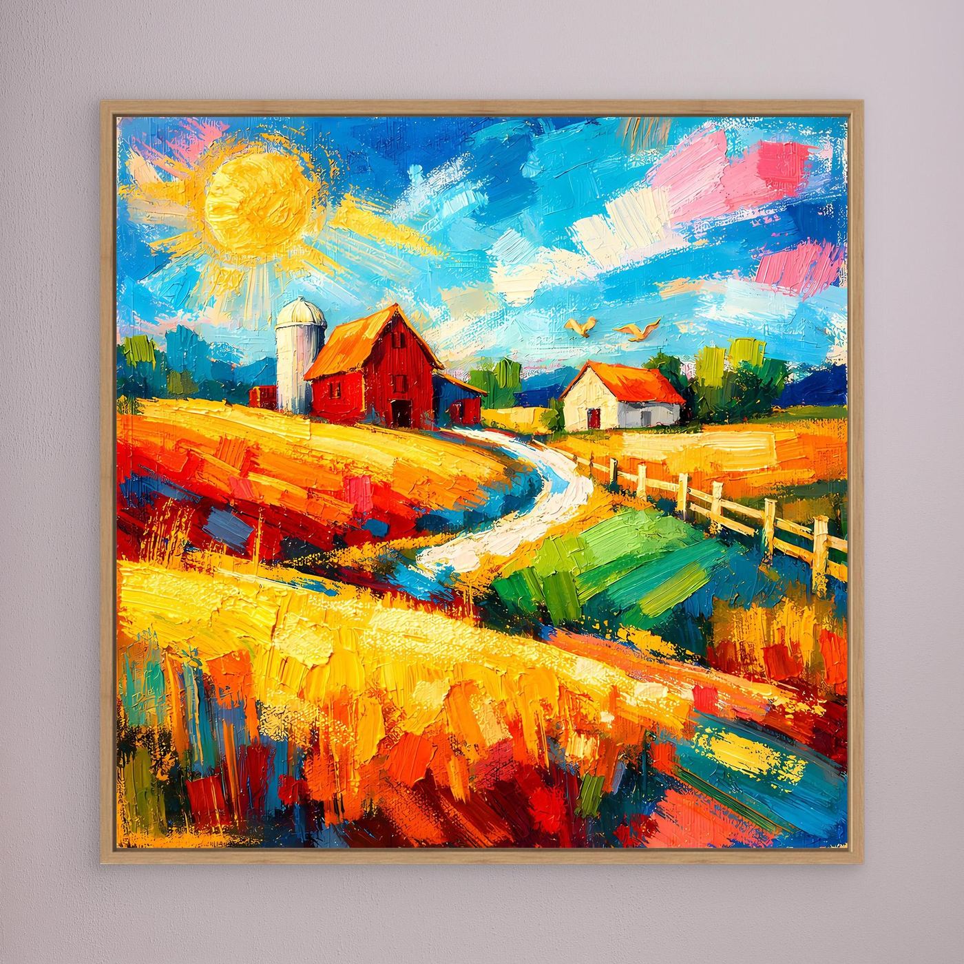 Leinwandbild mit roter Scheune, Feldweg und gelber Sonne, bunt gemalt, eichenfarben gerahmt