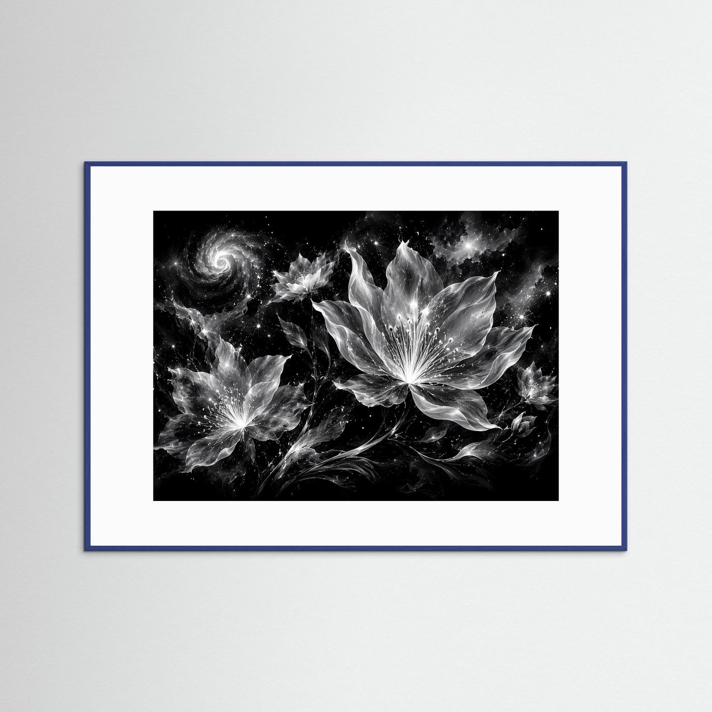 Schwarz Weiß Blumen Poster | Kosmische Blüten Wandkunst | Abstrakte Florale Kunst | Moderne Monochrome Leinwand | Galaxy Design