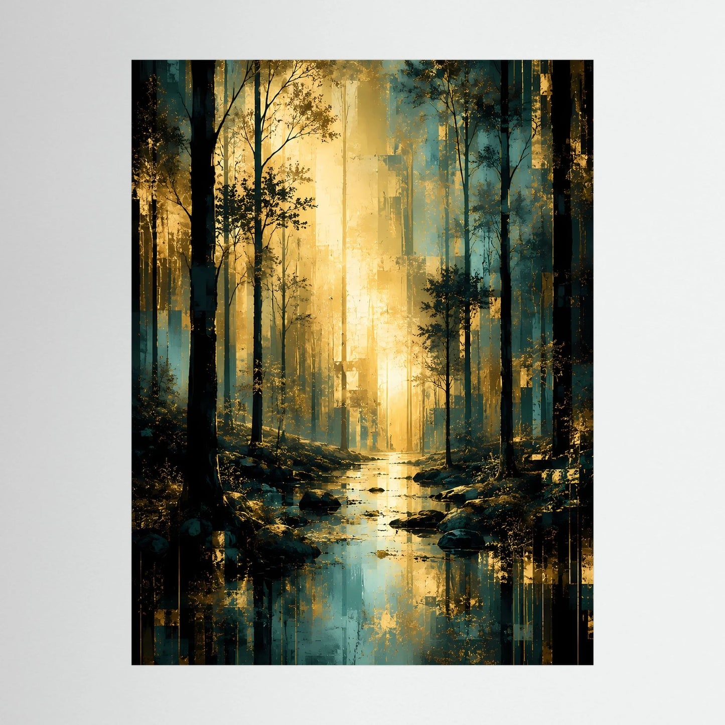 Hochformat-Poster Nahansicht: Wald in Türkis und Gold mit goldenem Licht, schwarzer Rand