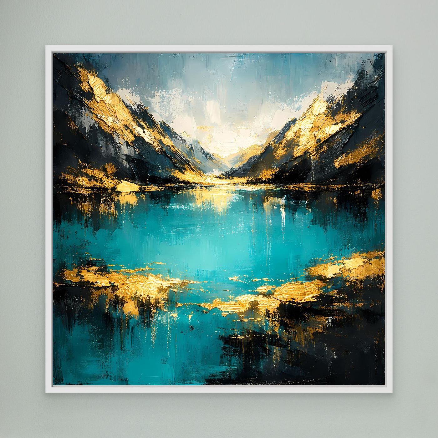 Abstraktes Leinwand-Wandbild mit türkis-goldenem Bergsee im weißen Rahmen