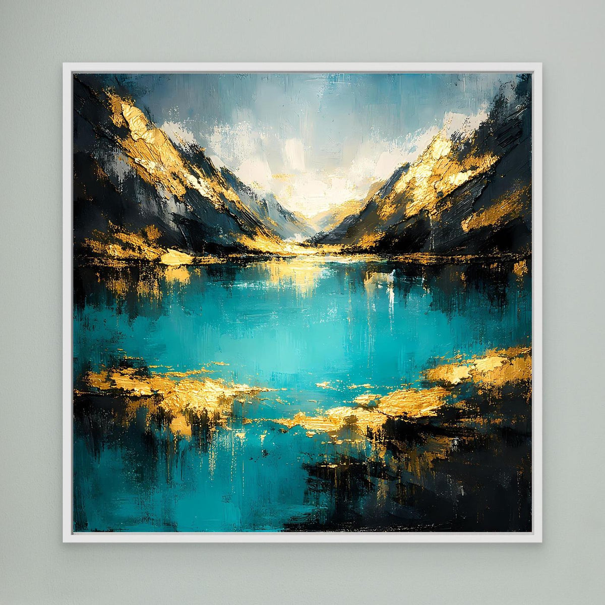 Abstraktes Leinwand-Wandbild mit türkis-goldenem Bergsee im weißen Rahmen