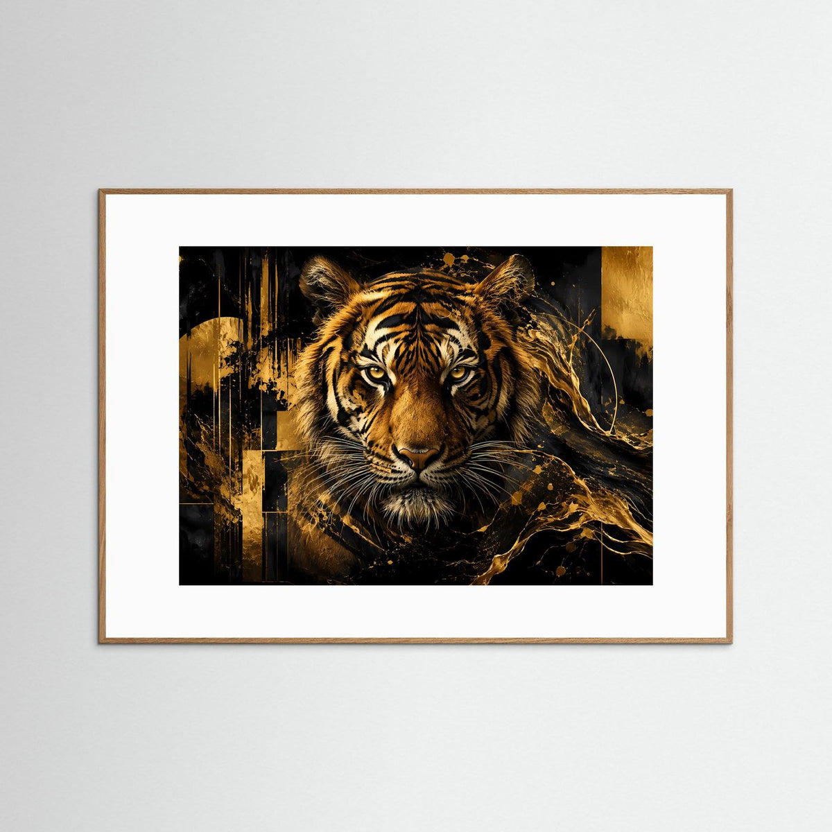 Tiger-Poster im Querformat: goldener Raubtierkopf, dunkle Urban-Grafik, brauner Rahmen mit Weißrand