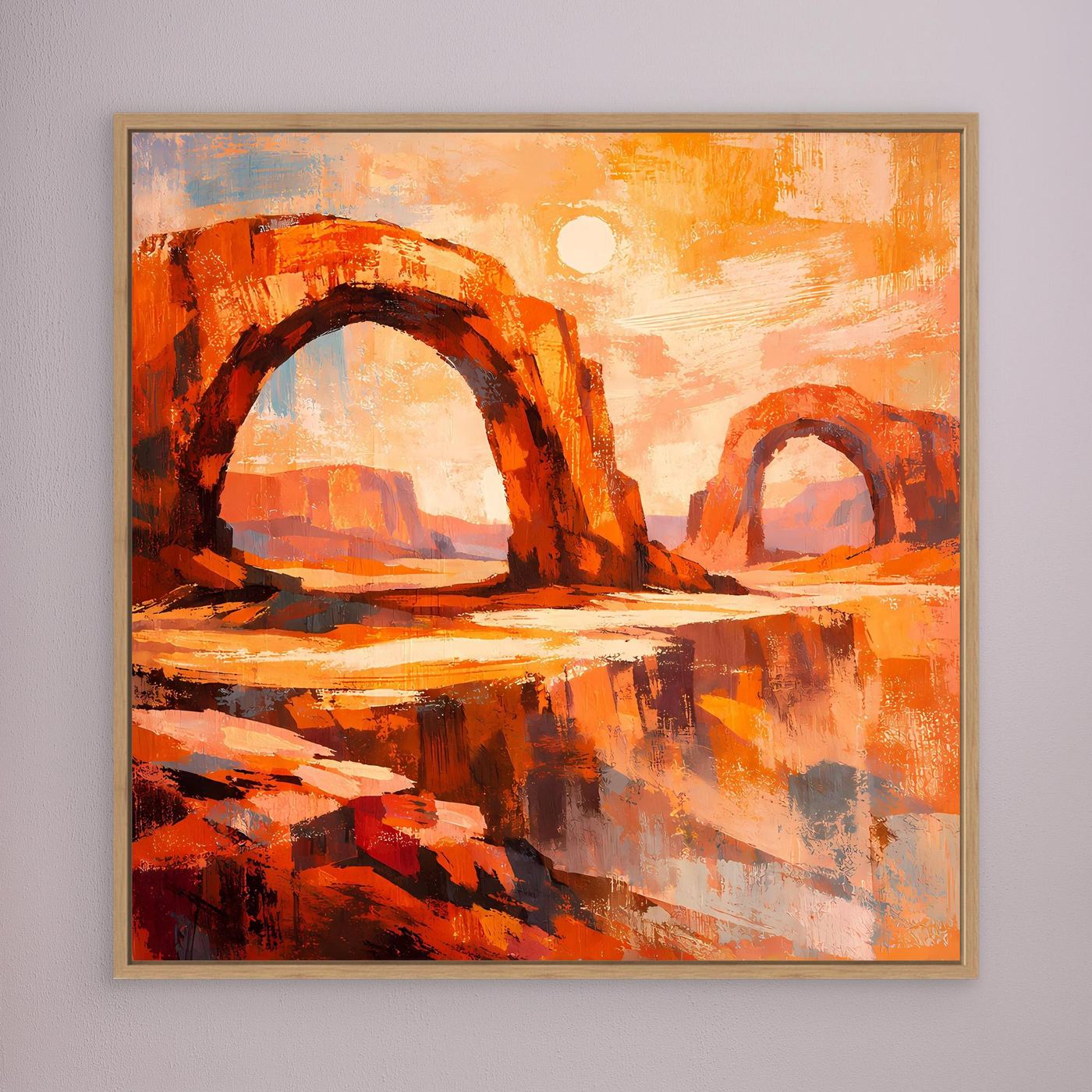 Wandbild mit abstrakten Wüstenbögen in Orange-Rot und braunem Holzrahmen