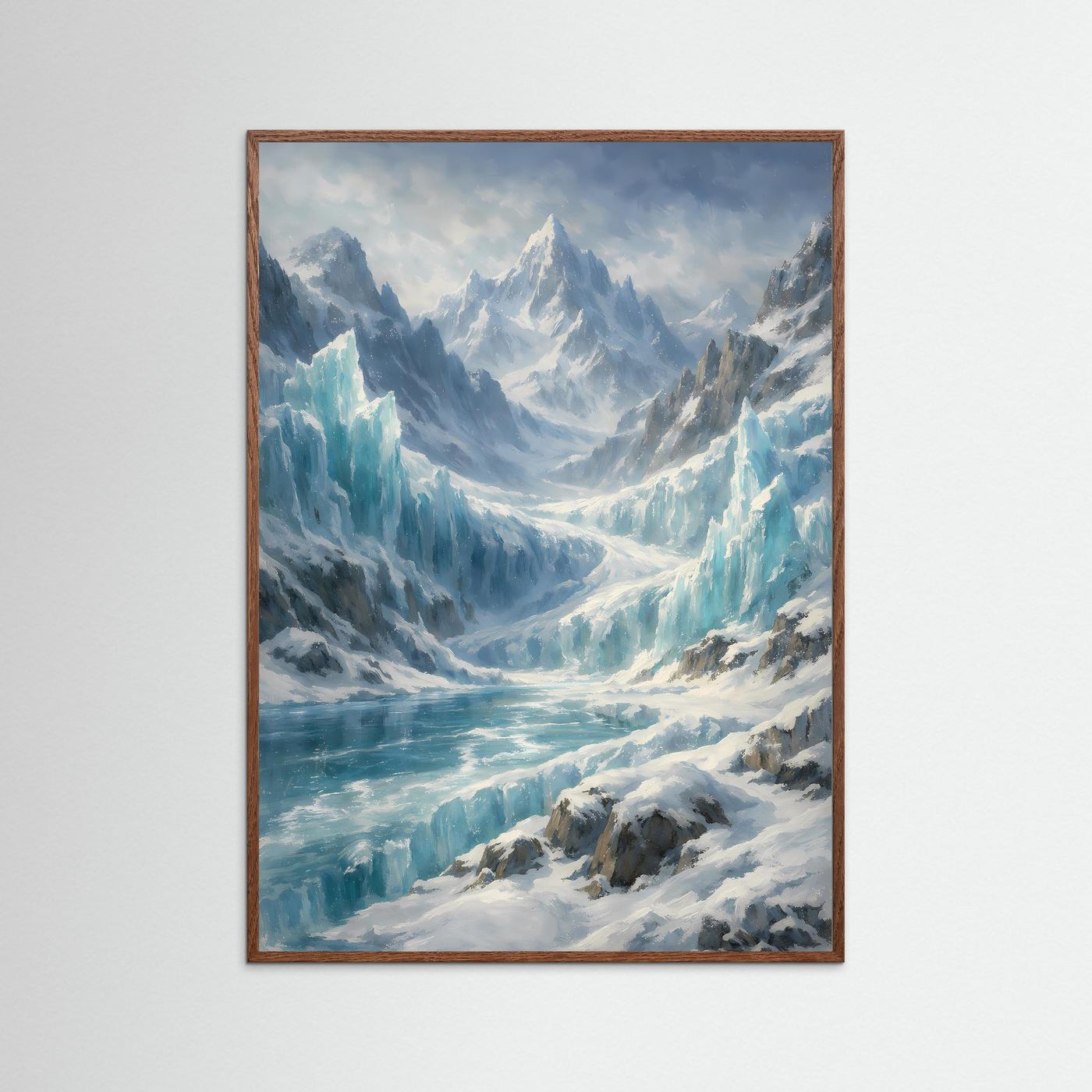 Poster mit Gletscherlandschaft, dunkler Holzrahmen, Hochformat