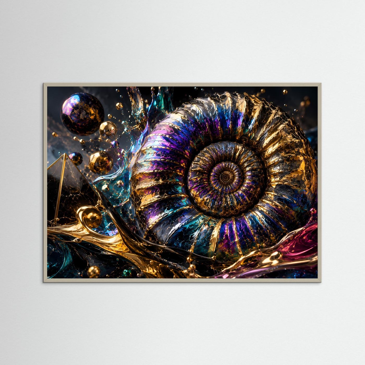 Ammonit Fossil Wandbild | Luxuriöse Geoden Kunst | Abstrakte Gold Blau Lila Wanddekoration | Moderne Premium Leinwand | Geometrische Naturkunst