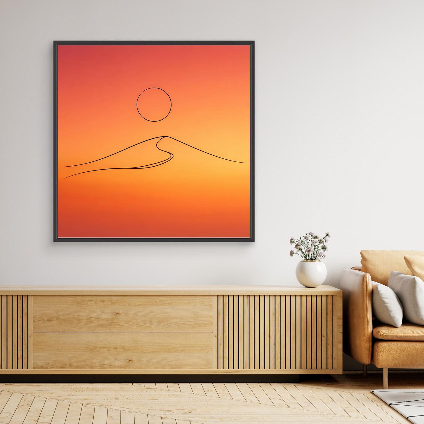 Leinwandbild, minimalistisches Wüstendünen-Lineart mit rotem Himmel, schwarzer Rahmen