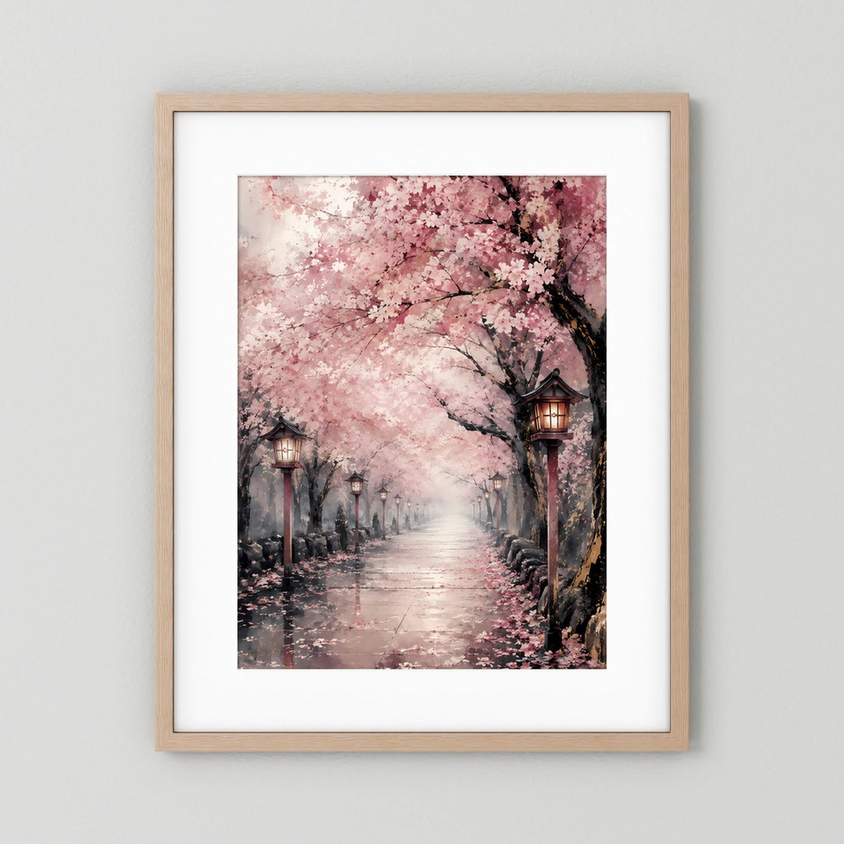 Hochformat-Poster mit rosa Kirschblütenallee und Laternen, beiger Holzrahmen mit weißem Rand