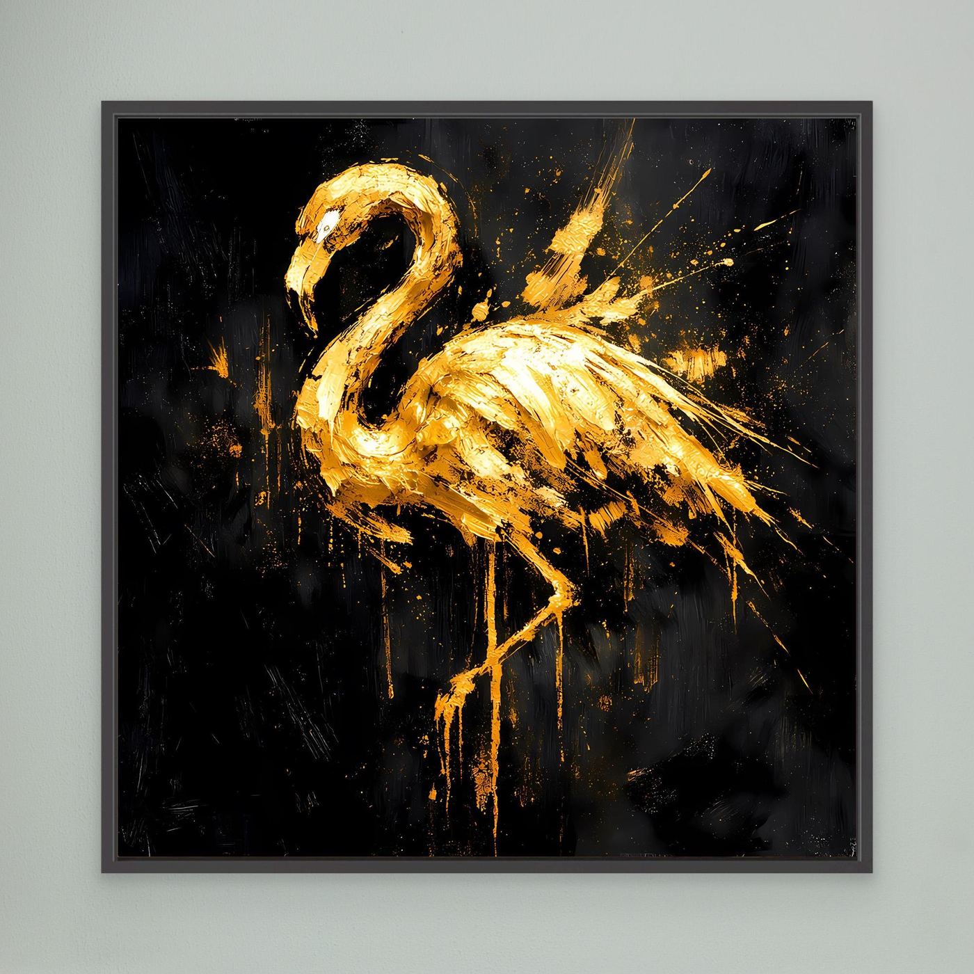 Leinwand Goldener Flamingo auf Schwarz | Abstraktes Modernes Tier Wandbild Kunst