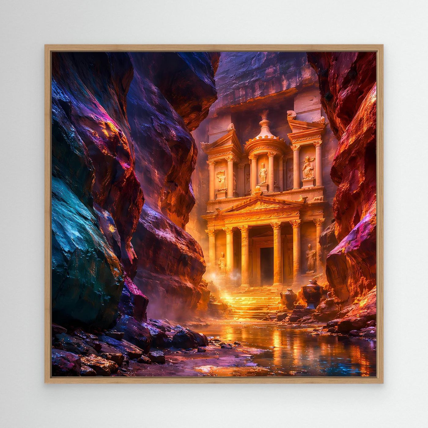 Leinwandbild Mystisches Petra im Abendlicht | Antike Felsenstadt Wandbild auf echtem Holzkeilrahmen