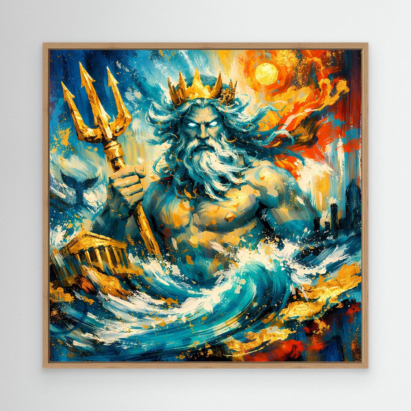 Leinwandbild mit Poseidon-Gestalt, goldenen Speeren und Wellen, Eichenrahmen