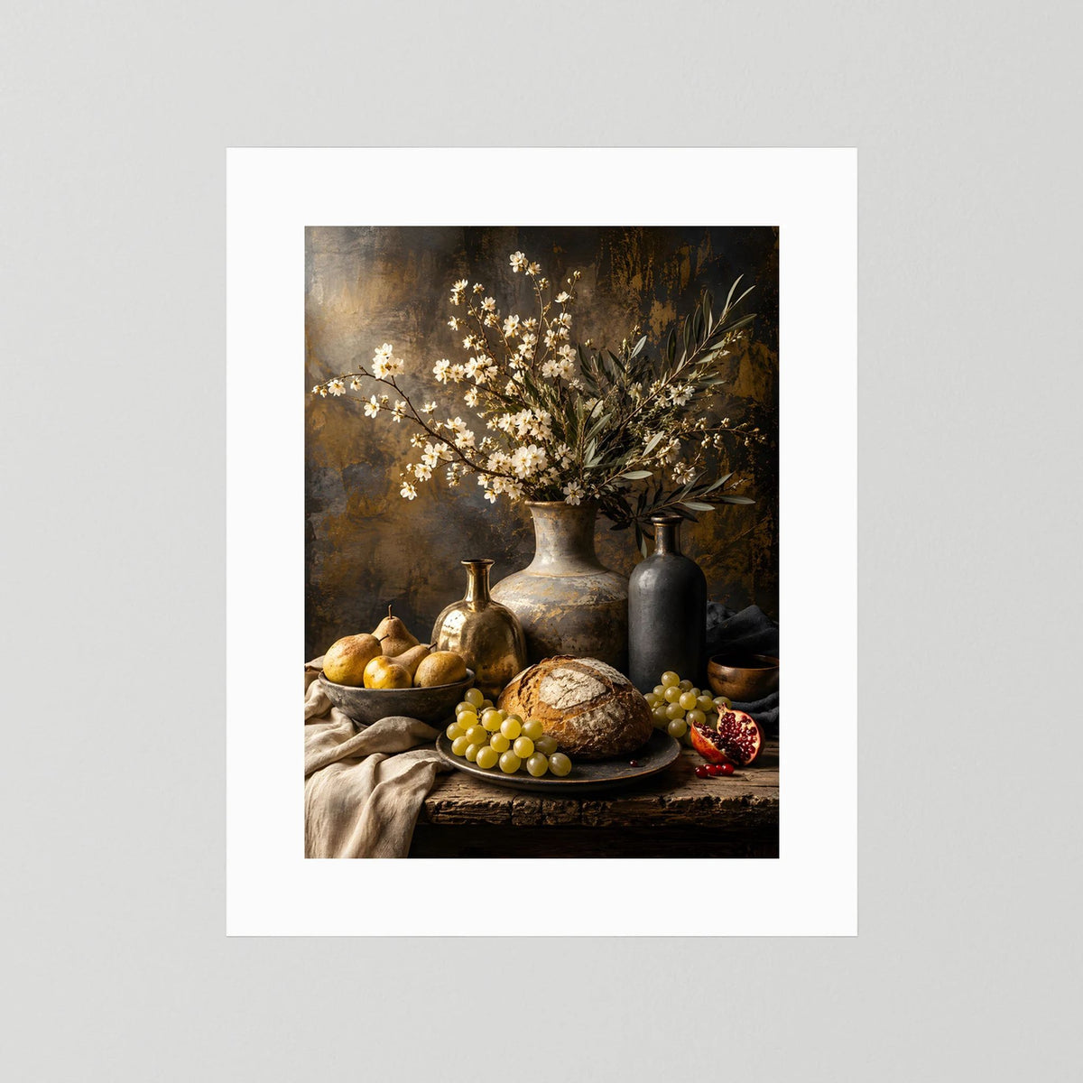 Kunstposter ohne Rahmen, nur Passepartout: Stillleben mit Vase und Früchten