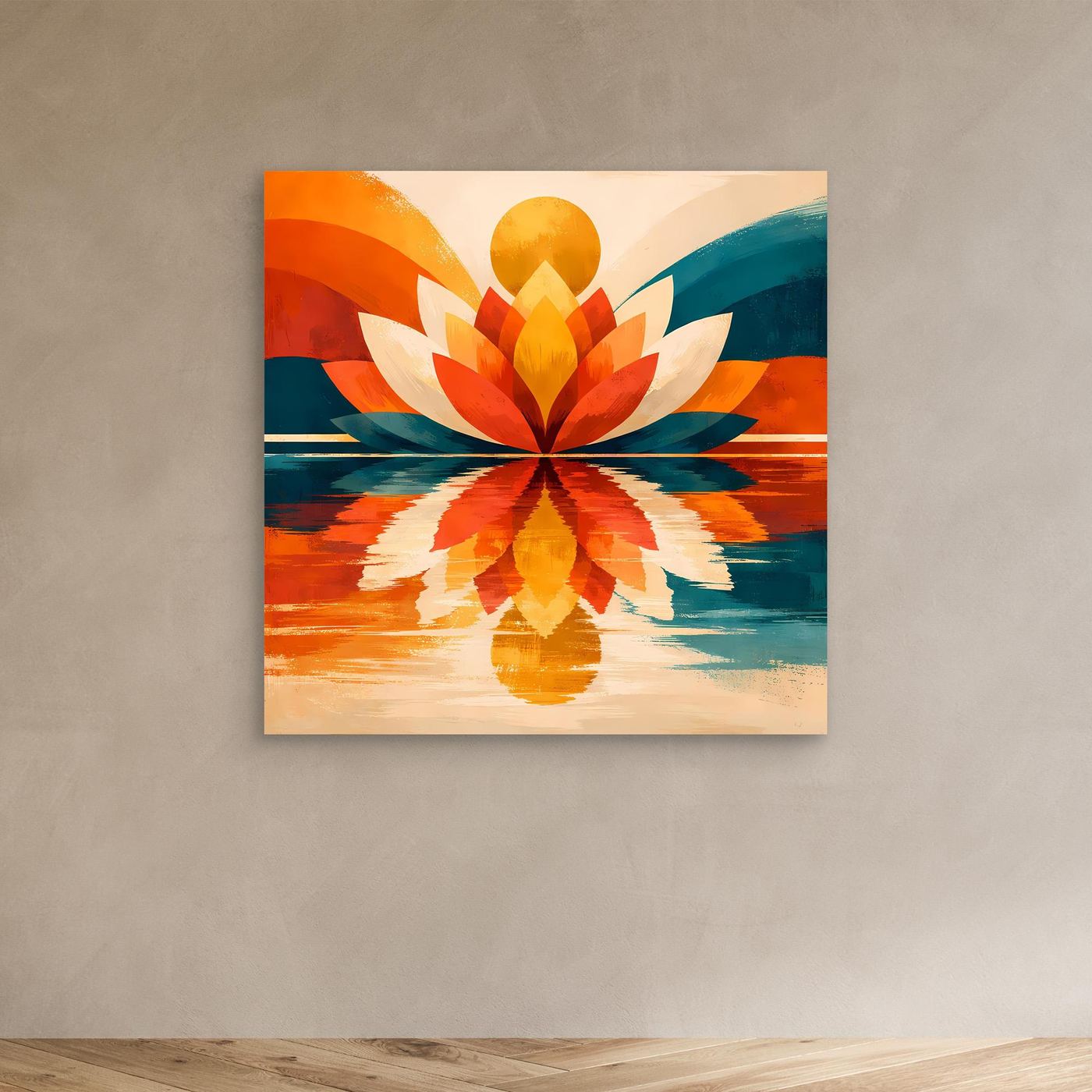 Abstraktes Lotus-Leinwandbild, symmetrisch, orange und türkis