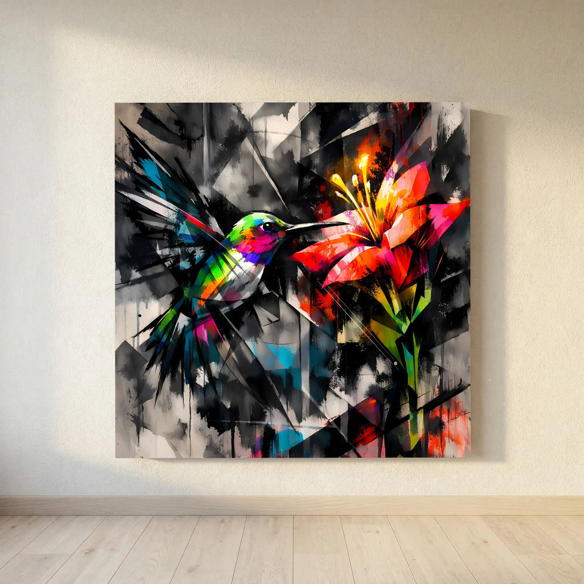 Abstraktes Leinwandbild mit Kolibri und Blumenform auf Keilrahmen, farbig, mit dynamischen Linien