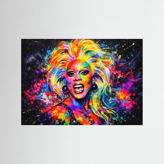 Wandbild im Pop-Art-Stil mit porträtierter Frau in Regenbogenfarben und schwarzem Rahmen
