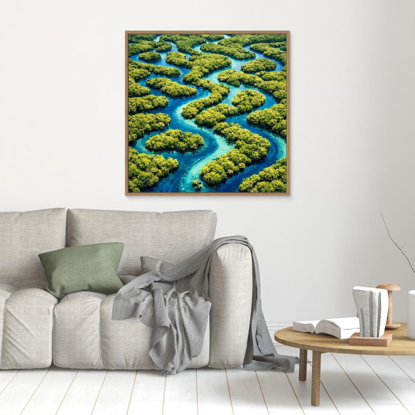 Leinwandbild mit blauem Flusslauf und grünen Inseln, brauner Holzrahmen