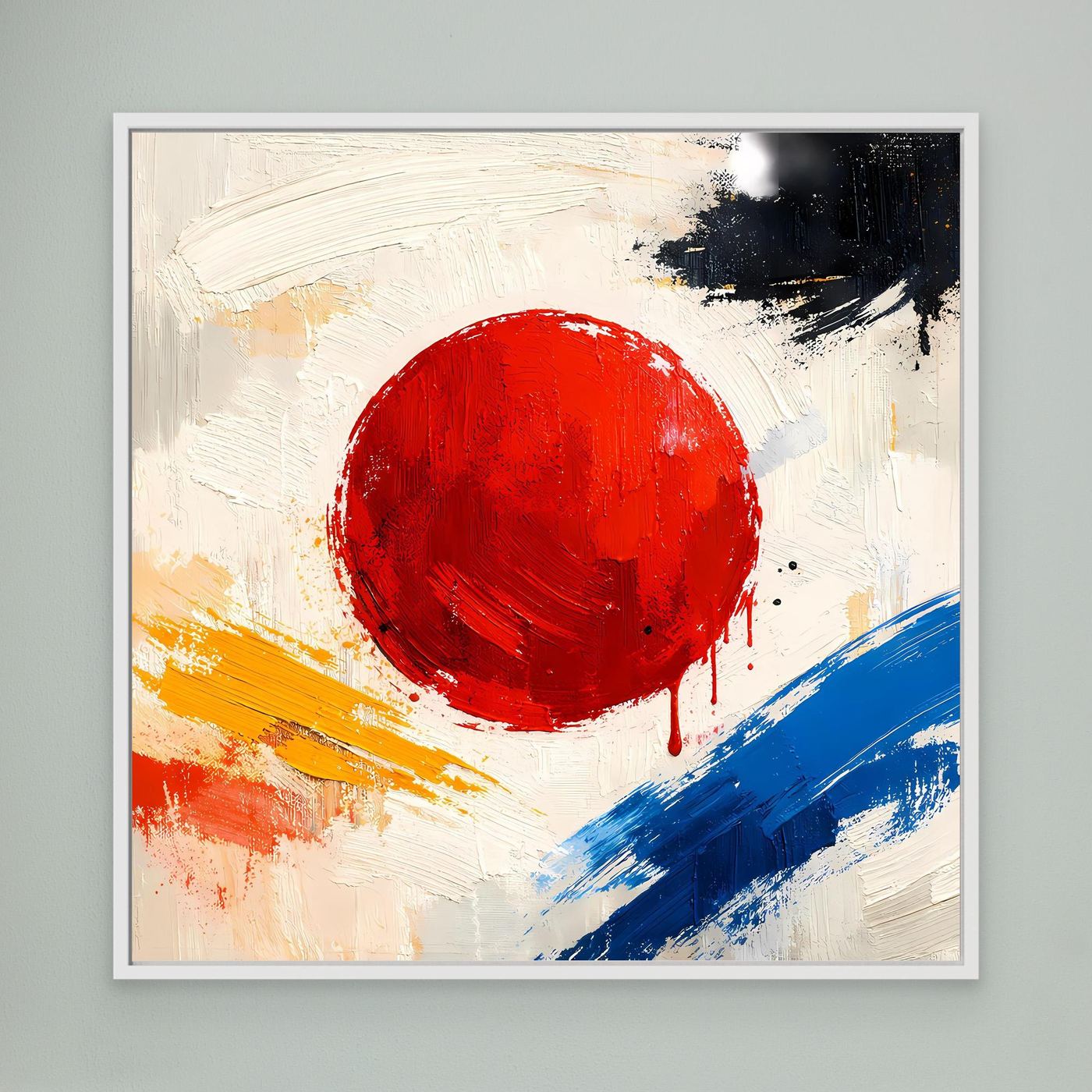 Abstract canvas wall art with red sun circle, blue and orange brush strokes, white frame.