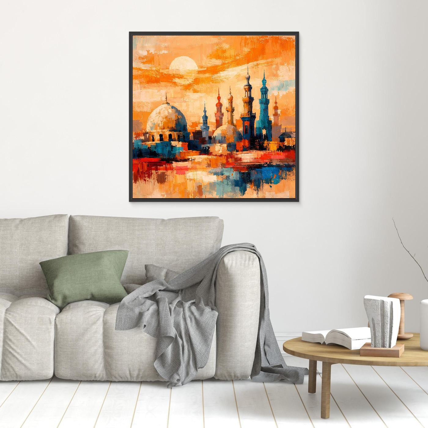 Abstraktes Leinwandbild mit Minaretten-Skyline und Sonne, schwarz gerahmt