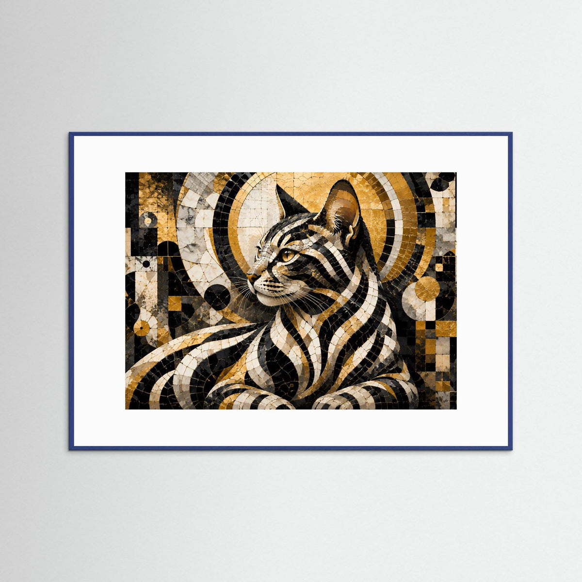 Querformat-Poster mit abstrakter Katze im Mosaik, Schwarz und Gold, blauer Rahmen