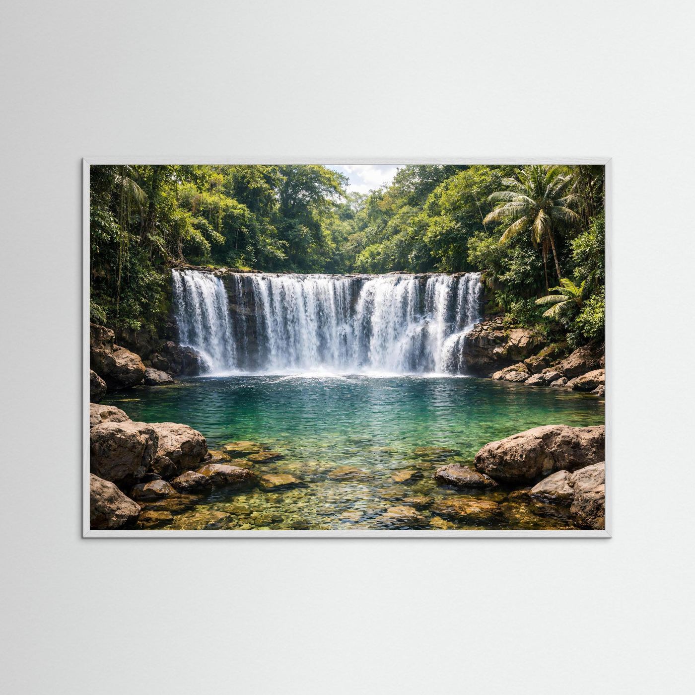 Querformat-Poster mit Dschungel-Wasserfall und Naturbecken, weißer Rahmen