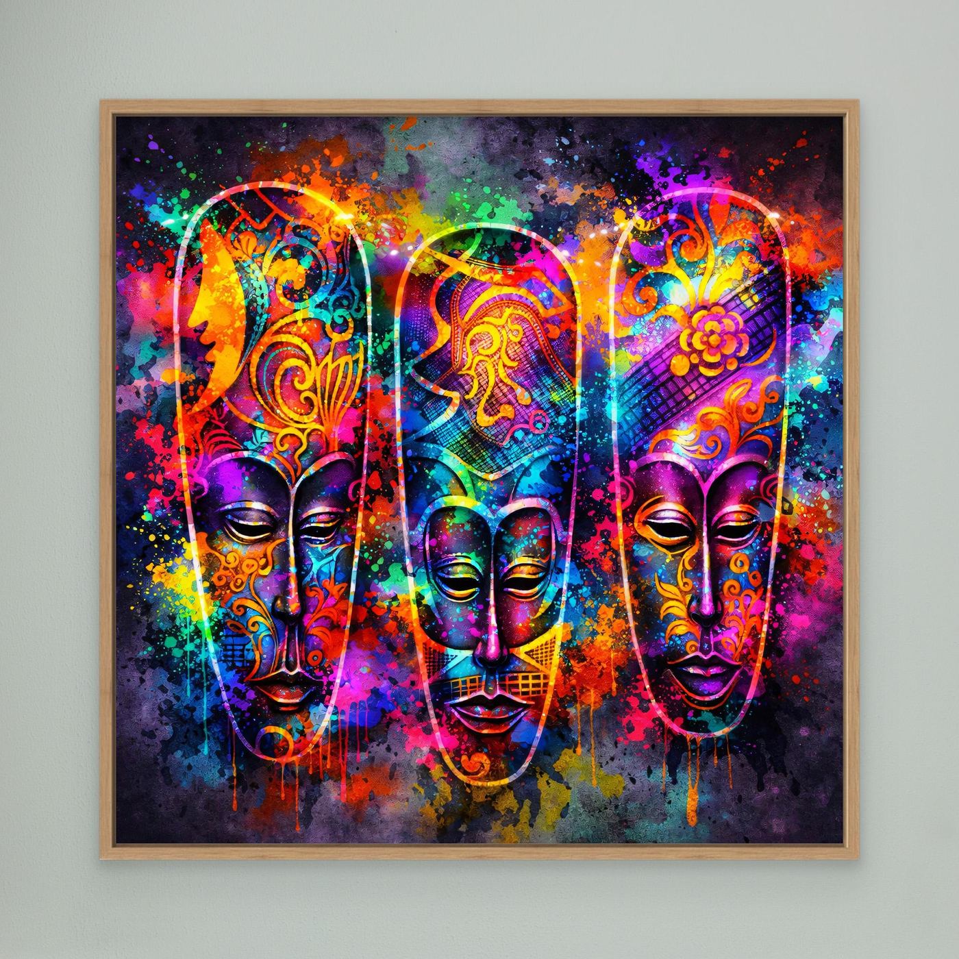 Gerahmtes Leinwandbild mit drei bunten Neon-Masken, im hellen Holzrahmen