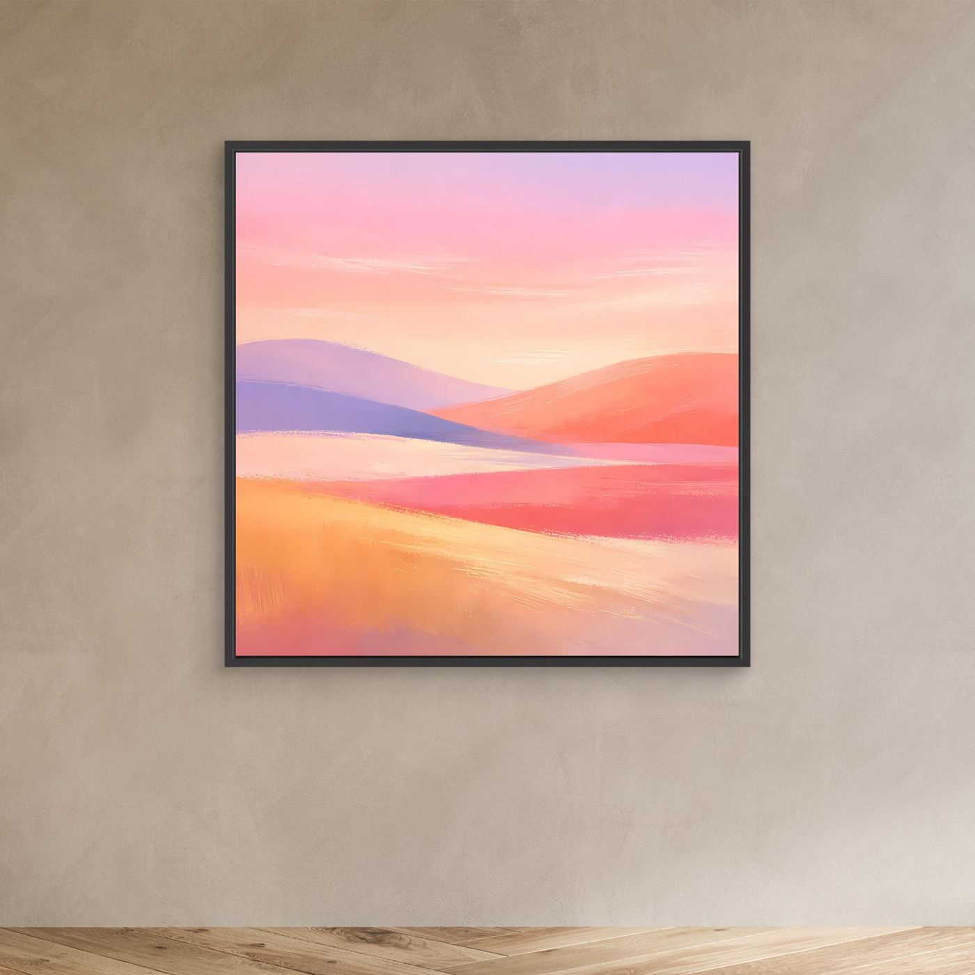 Leinwandbild mit abstrakter Hügellandschaft in Pastellfarben im schwarzen Rahmen: Rosa, Lila, Orange.