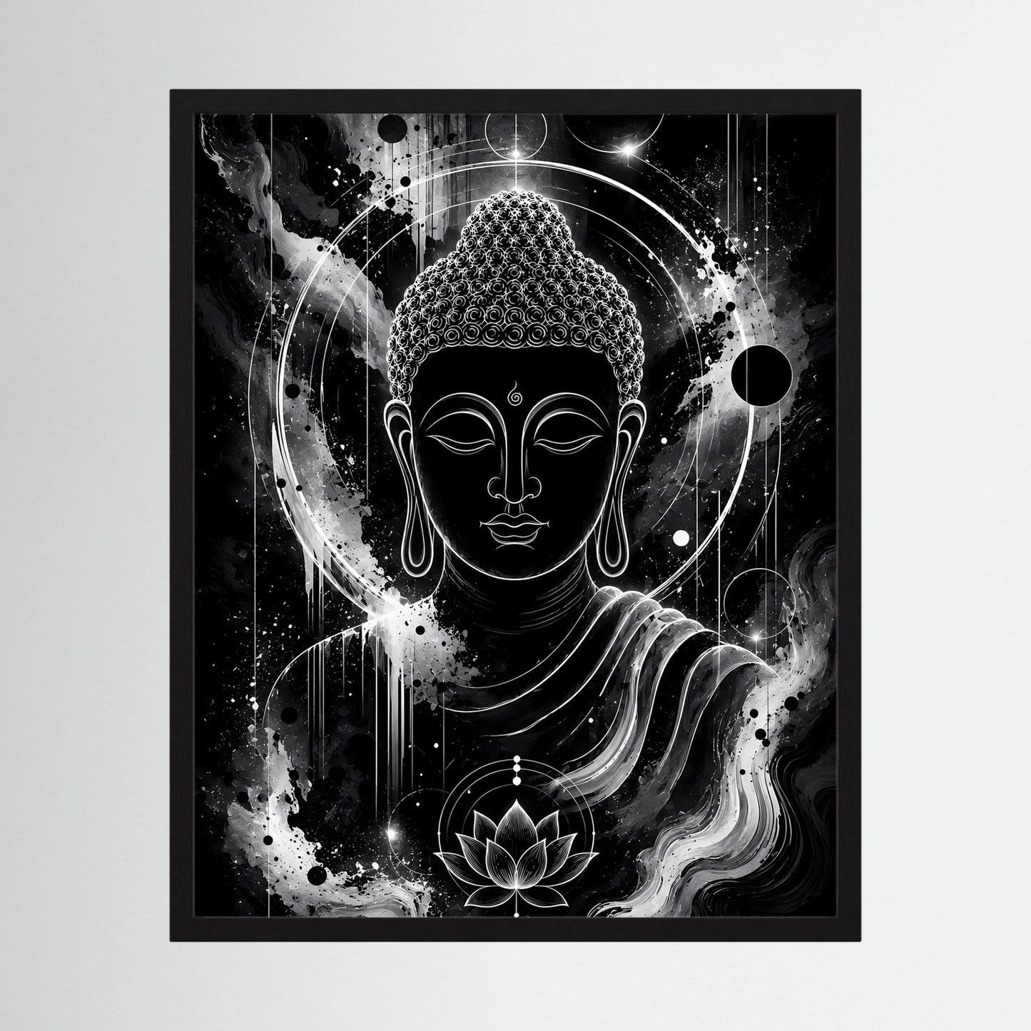 Hochformat-Poster mit Buddha in Schwarzweiß, Lotus und kosmischer Aura im schwarzen Rahmen