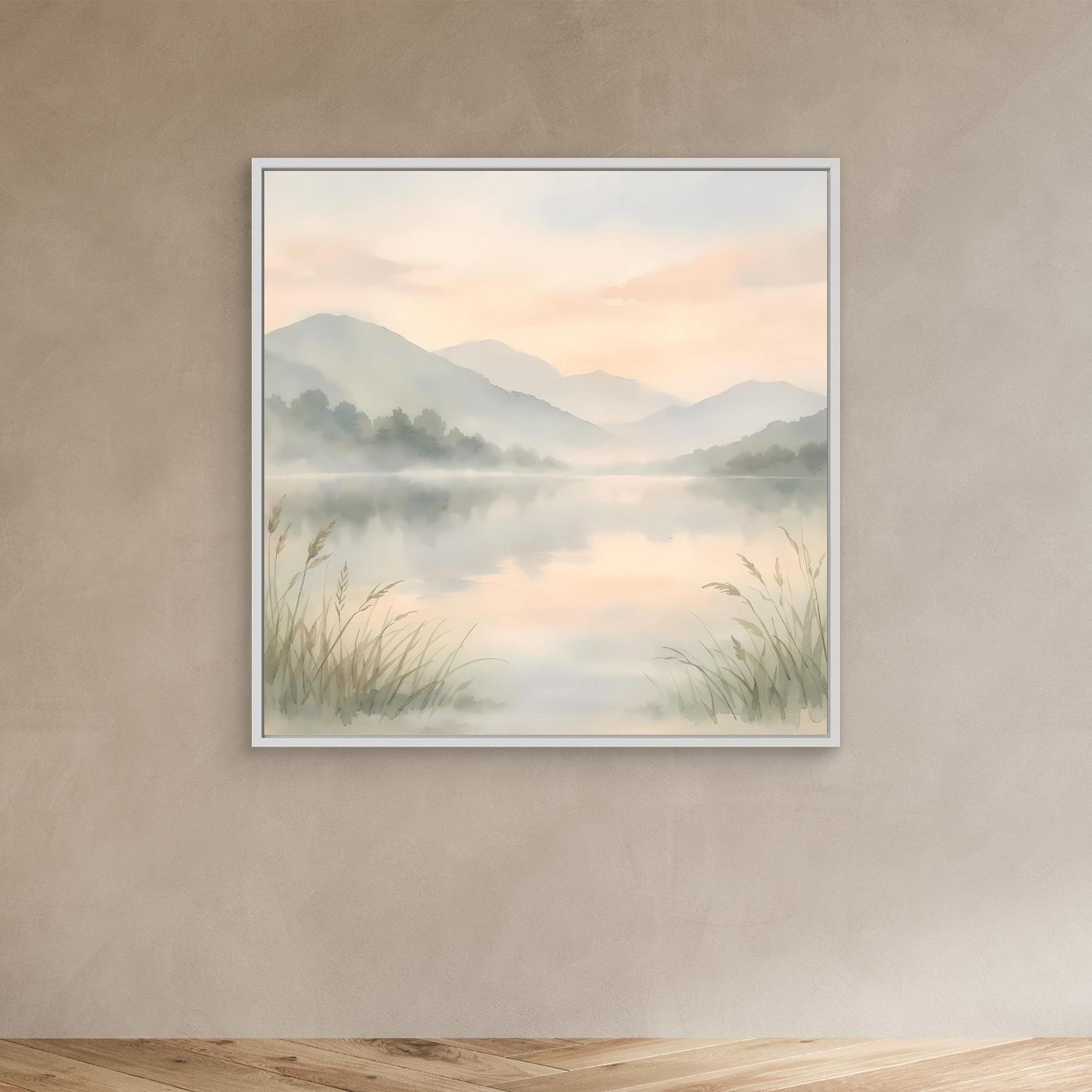 Leinwandbild nebliger Bergsee im Aquarellstil mit weißem Rahmen, neblige Berge