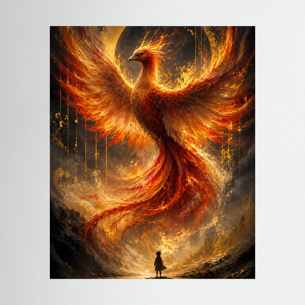Hochformatiges Poster mit Phönix aus Feuer in Gold und Orange, Flammenwirbel