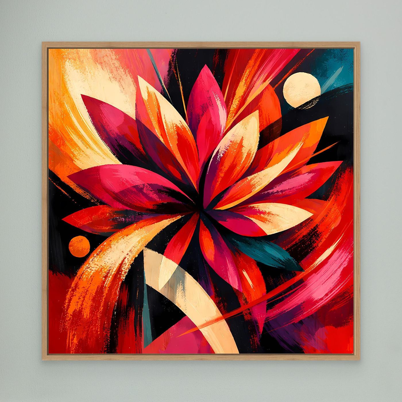 Leinwandbild mit abstrakter Blüte in Rot, Orange und Pink im Holzrahmen (Eiche)