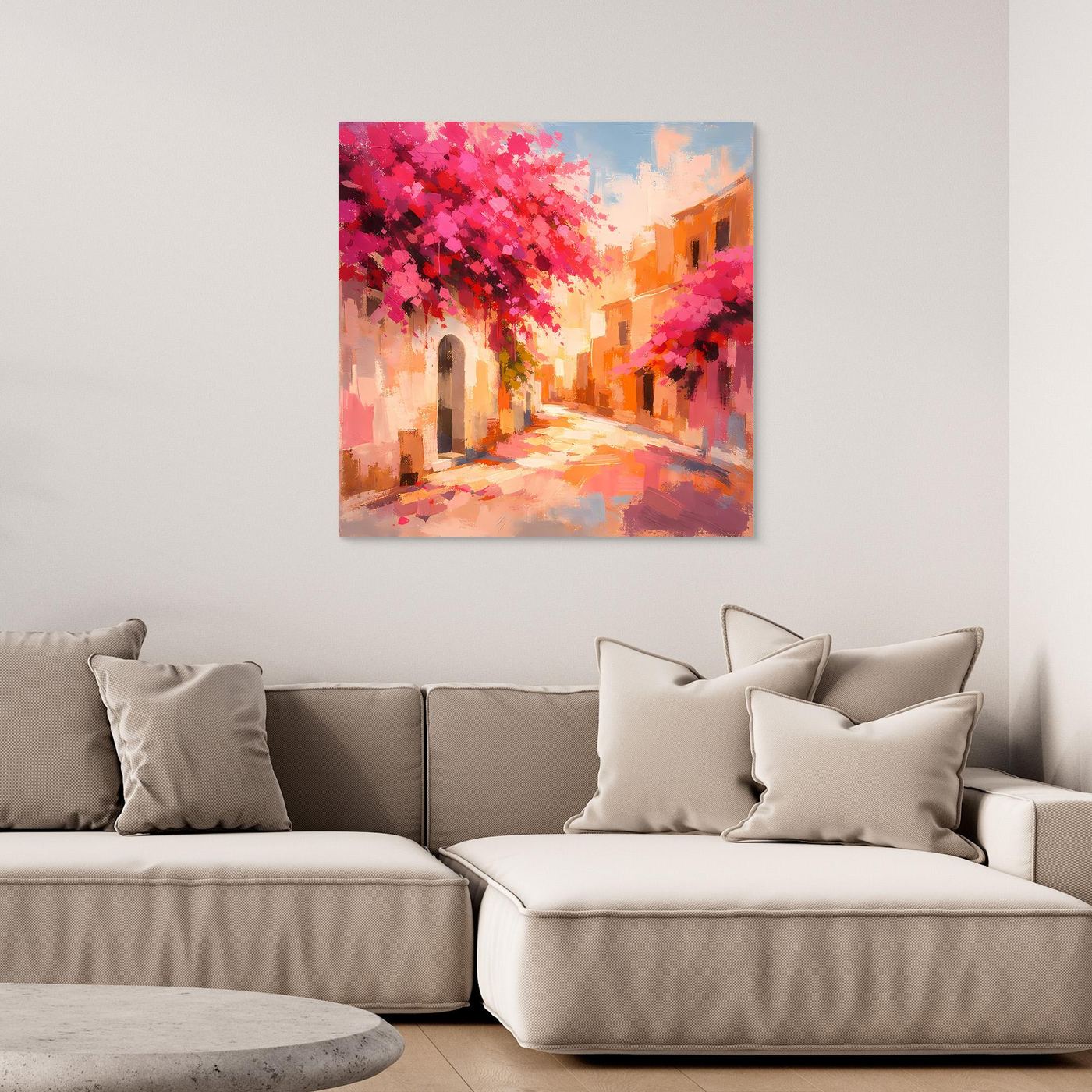 Leinwand Mediterrane Gasse im Blütenrausch | Abstraktes Italien Wandbild