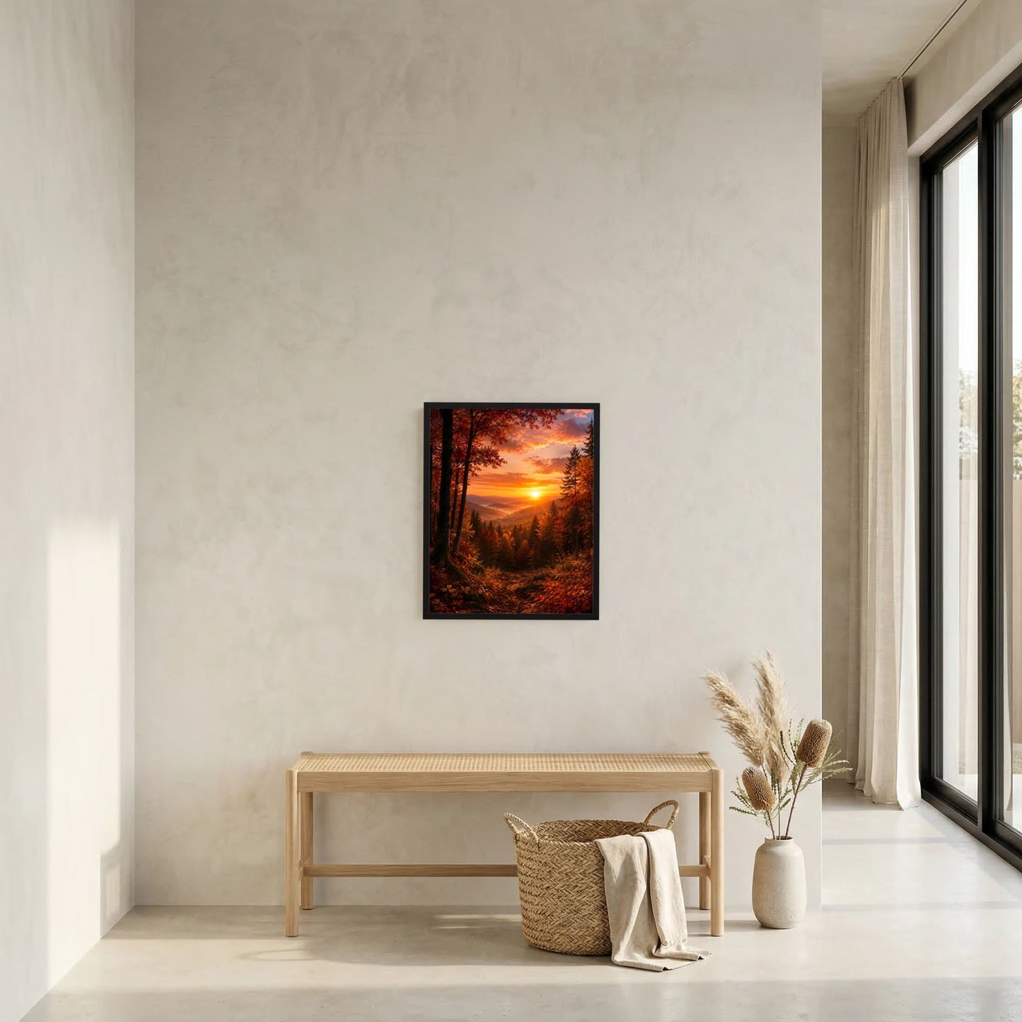 Kleines Hochformat-Kunstposter mit Herbstwald und Sonnenuntergang, orangefarben, schwarzer Rahmen
