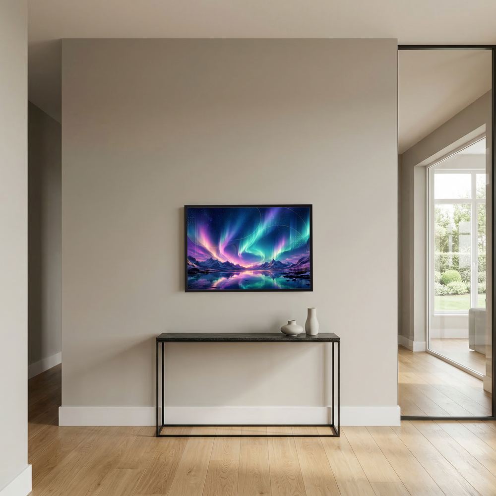 Wandposter Aurora über Berglandschaft, blau-violetter Himmel, schwarzer Rahmen